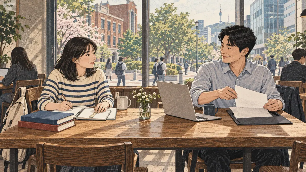 An adult student and an office worker prepare their materials at a shared table in Seoul.