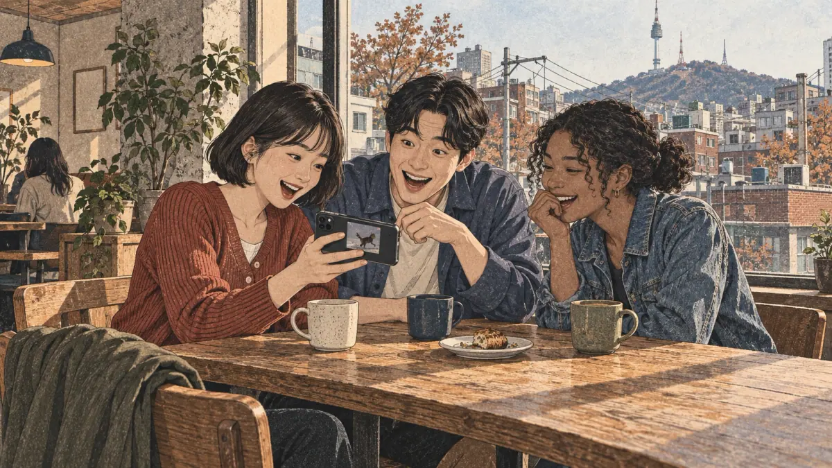Three friends react to an online video together in a Seoul café.
