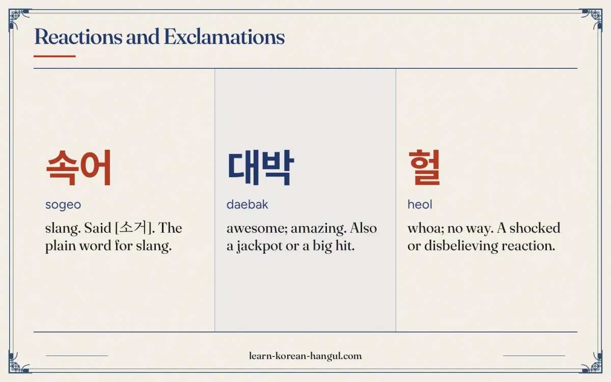 속어 · sogeo · slang. Said [소거]. The plain word for slang. · Reactions and exclamations