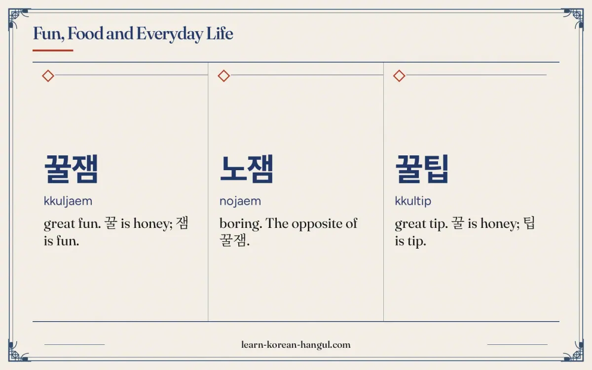 꿀잼 · kkuljaem · great fun. 꿀 is honey; 잼 is fun. · Fun, food and everyday life
