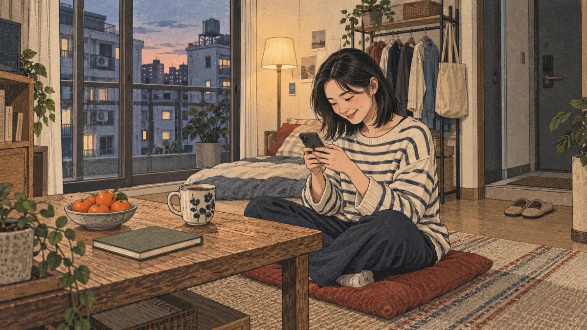 A young adult sends a casual message from her Seoul studio apartment.