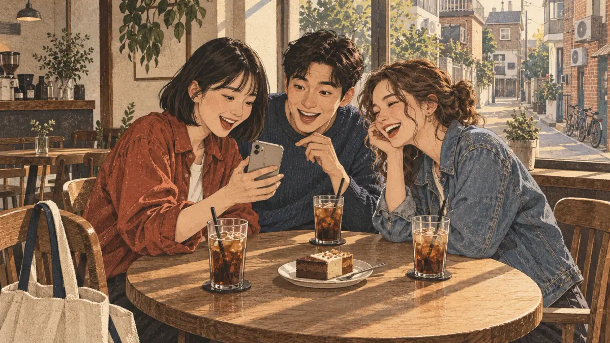 Three young adult friends laugh together over a phone in a Seoul café.