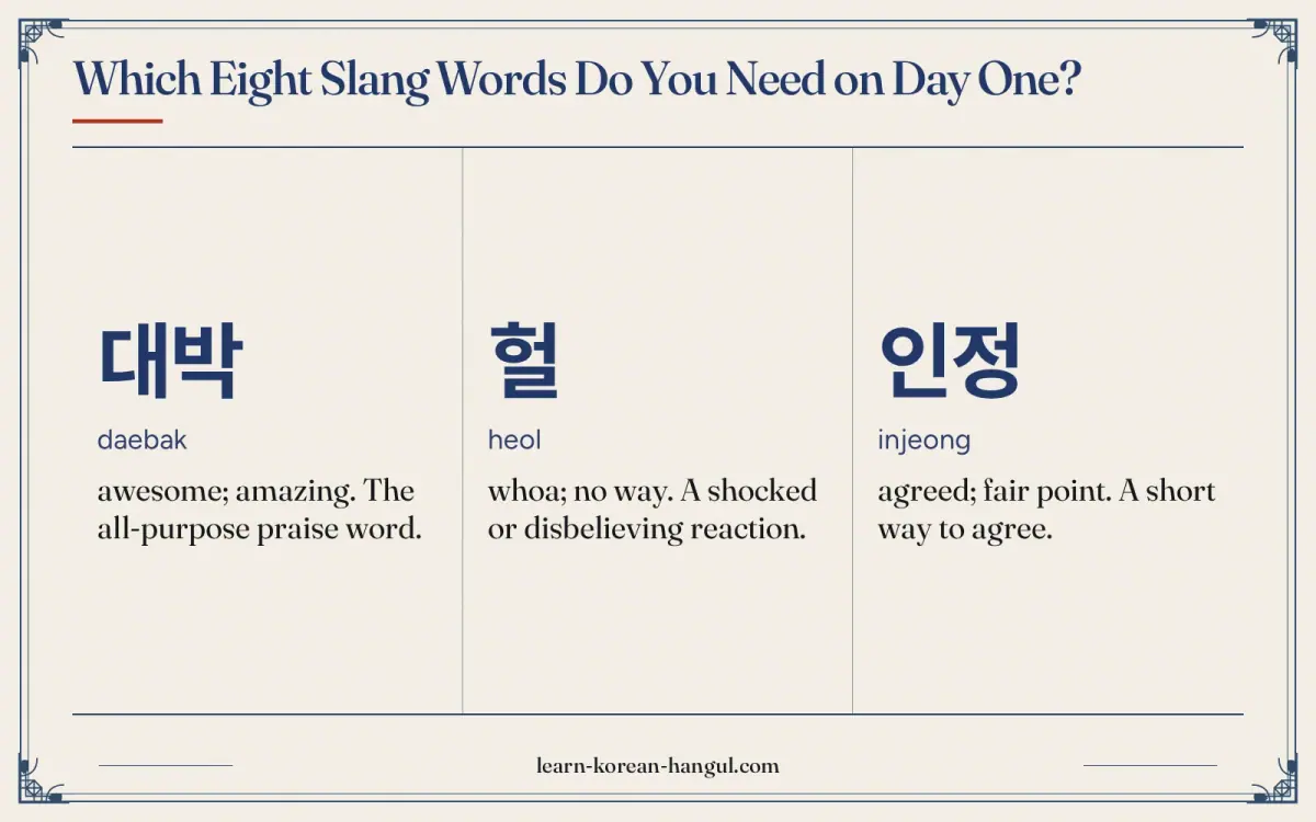 대박 · daebak · awesome; amazing. The all-purpose praise word. · Which eight slang words do you need on day one?