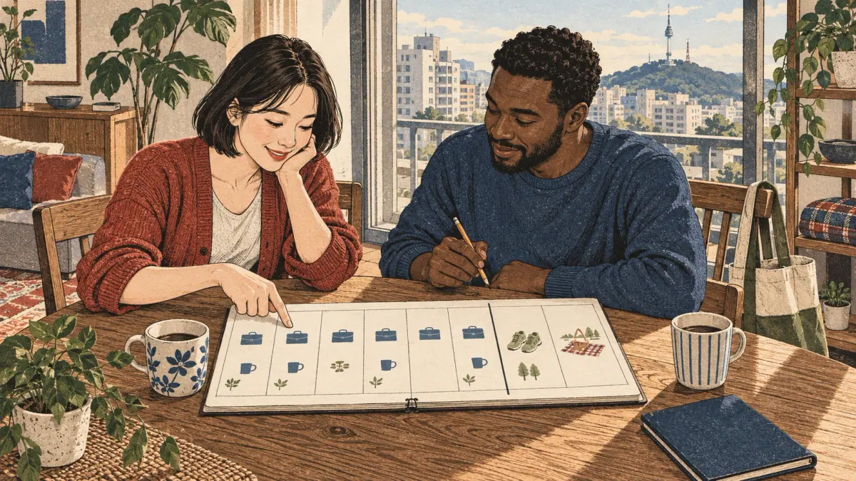 Two friends plan their week using a seven-column planner in a Seoul apartment.