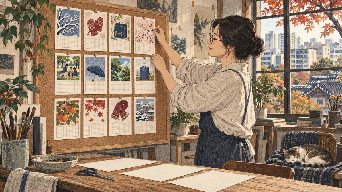 An illustrator arranges twelve seasonal month cards on a year planner in a Seoul studio.