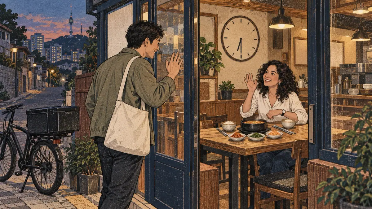 Two friends meet for dinner in a Seoul restaurant beneath a clock showing half past six.