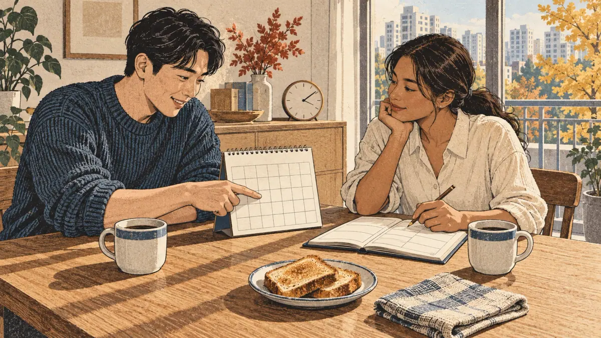 Two friends plan their week with a calendar and planner in a Seoul apartment.