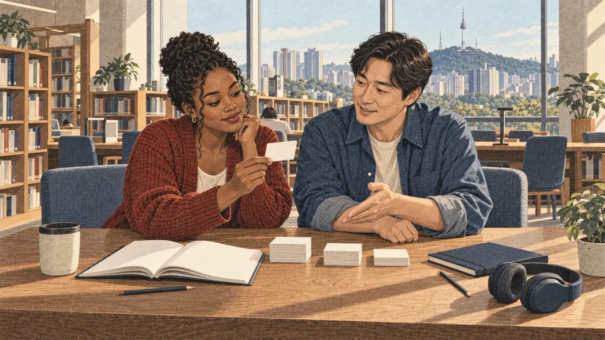An adult learner reviews vocabulary cards with a Korean tutor in a Seoul study room.
