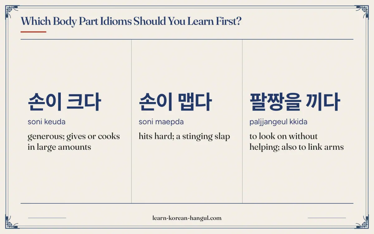 손이 크다 · soni keuda · generous; gives or cooks in large amounts · Which body part idioms should you learn first?