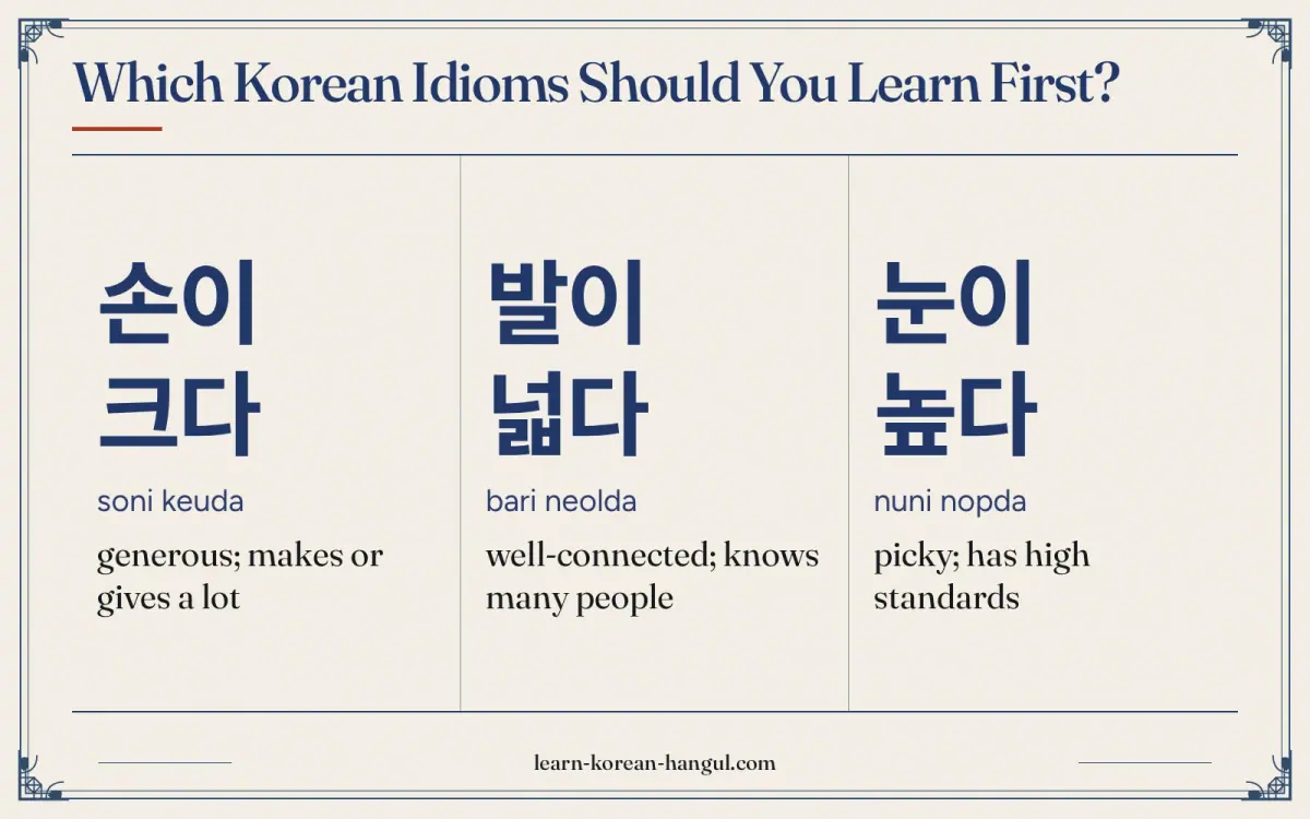 손이 크다 · soni keuda · generous; makes or gives a lot · Which Korean idioms should you learn first?