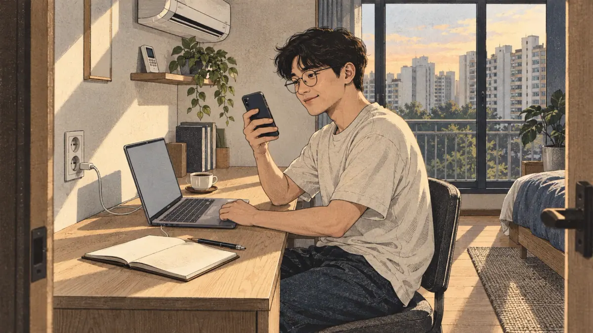 An adult uses a laptop and phone at a Seoul apartment desk surrounded by everyday objects named with loanwords and Konglish.