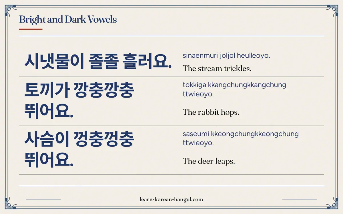 시냇물이 졸졸 흘러요. · sinaenmuri joljol heulleoyo. · The stream trickles. · Bright and dark vowels