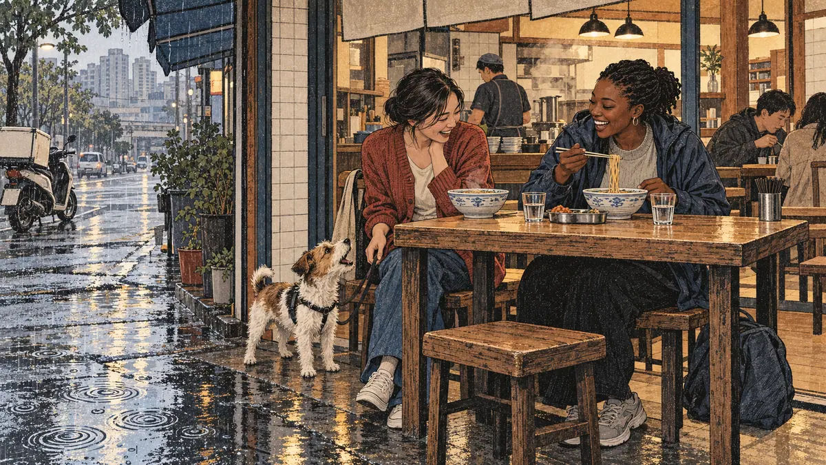 Friends listen to a dog barking and rain pattering outside a Seoul noodle shop.