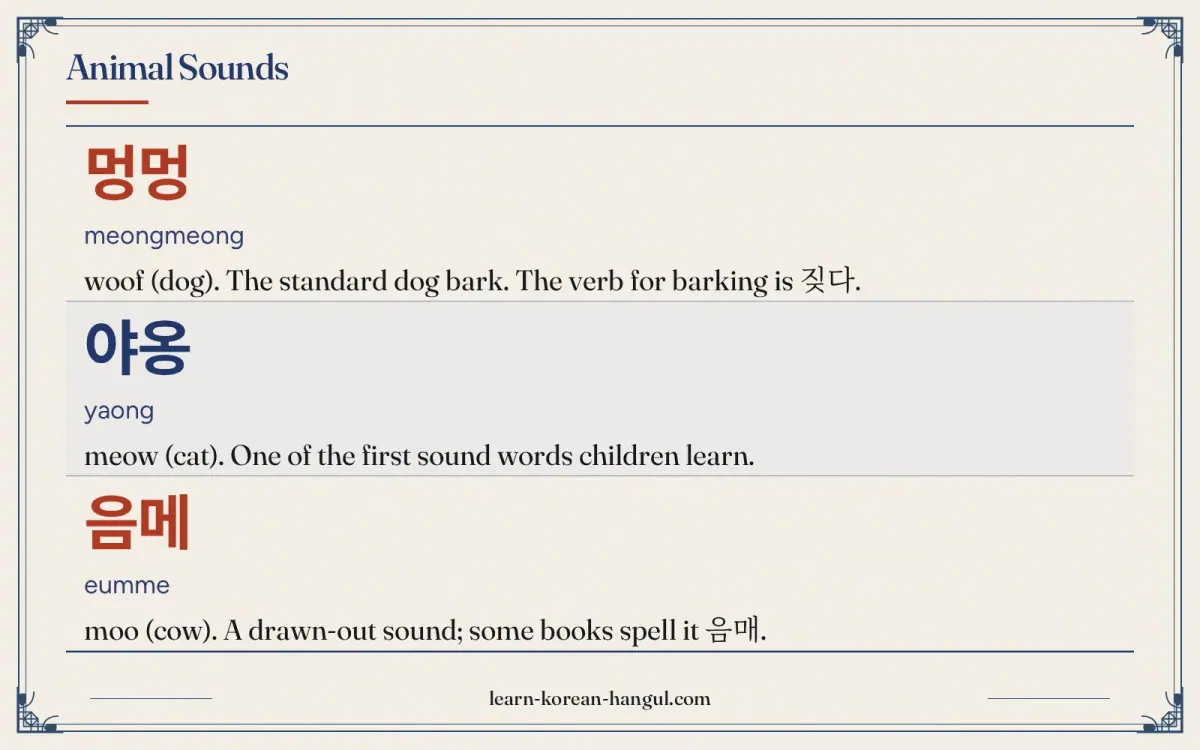 멍멍 · meongmeong · woof (dog). The standard dog bark. The verb for barking is 짖다. · Animal sounds