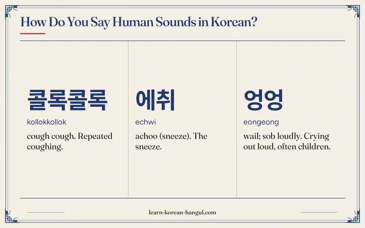 콜록콜록 · kollokkollok · cough cough. Repeated coughing. · How do you say human sounds in Korean?