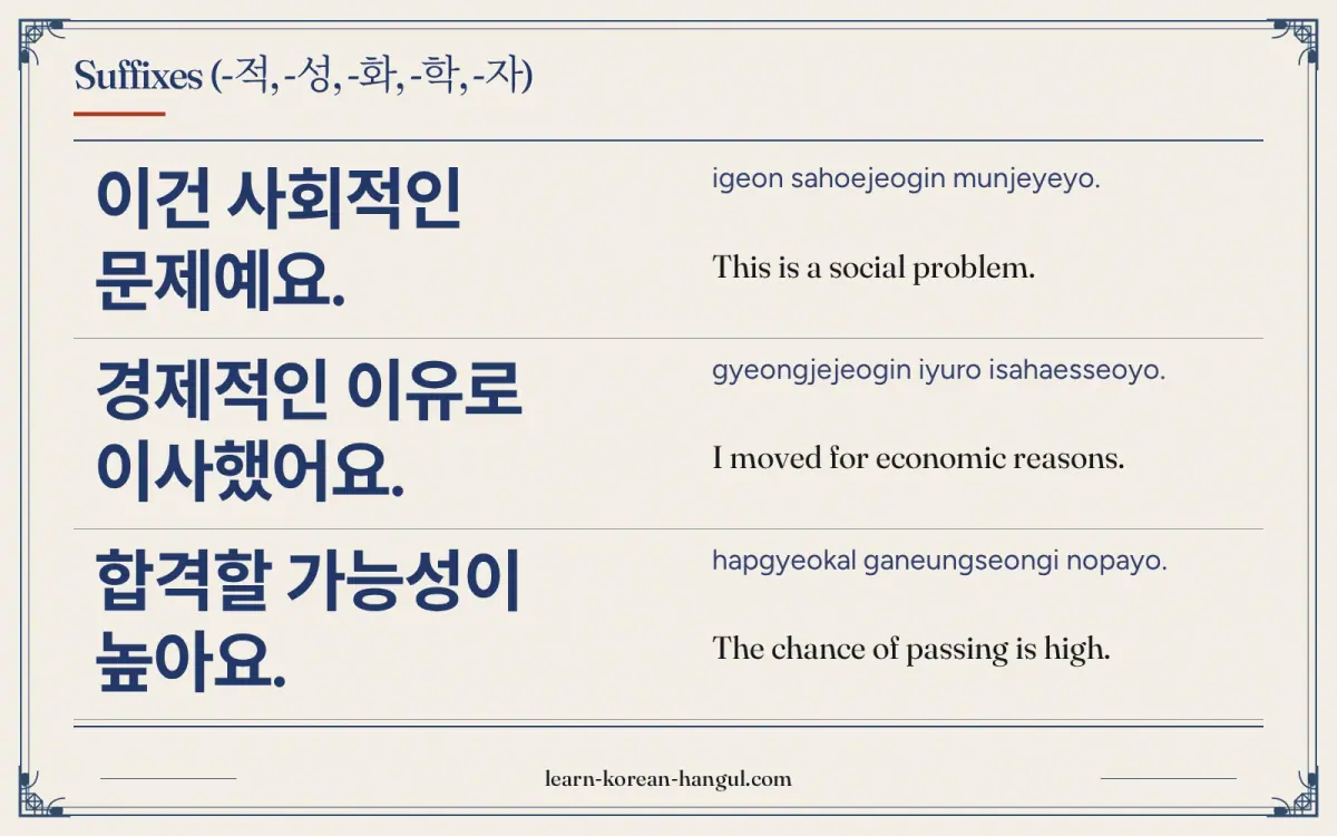 이건 사회적인 문제예요. · igeon sahoejeogin munjeyeyo. · This is a social problem. · Suffixes (-적, -성, -화, -학, -자)