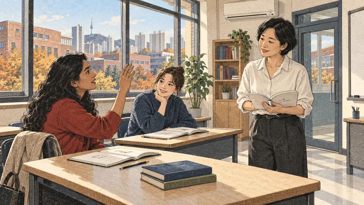An adult learner asks a question during a Korean lesson in a sunlit Seoul classroom.