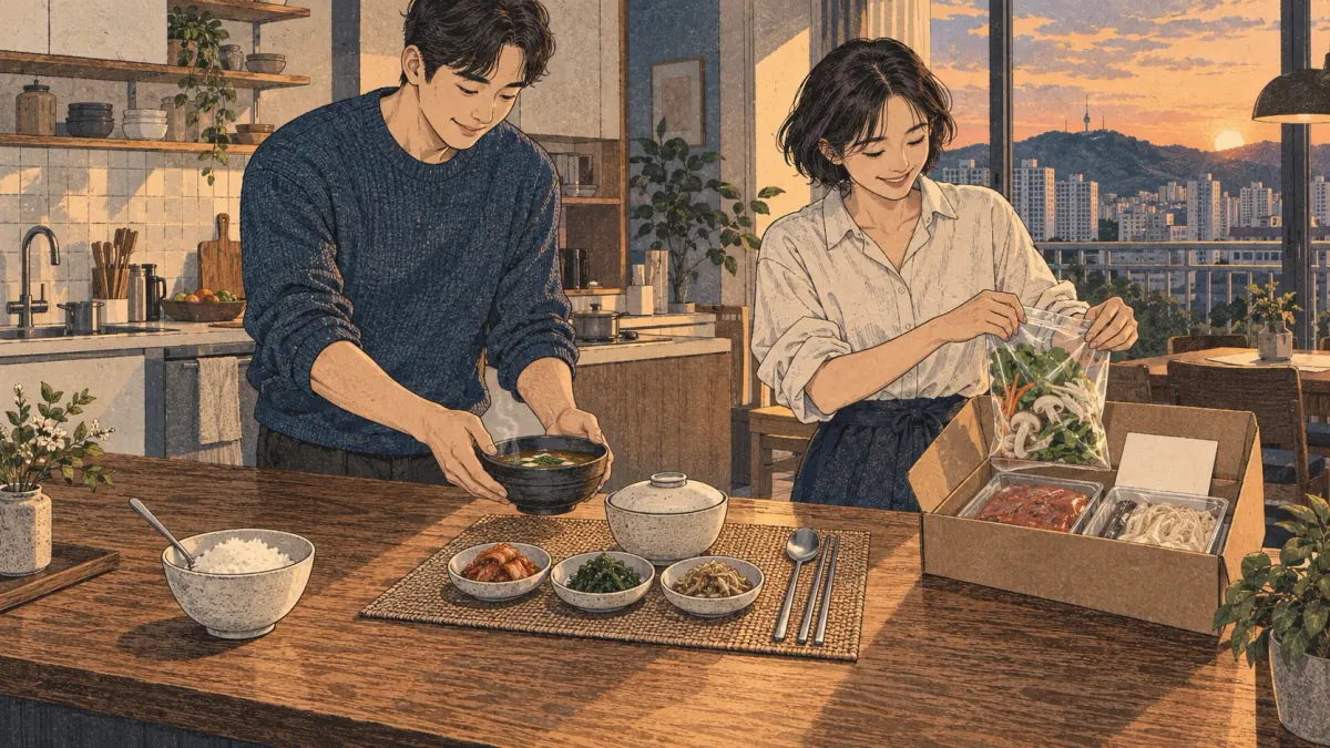 A rice bowl, formal Korean meal setting and boxed meal kit illustrate three vocabulary layers in a Seoul apartment.