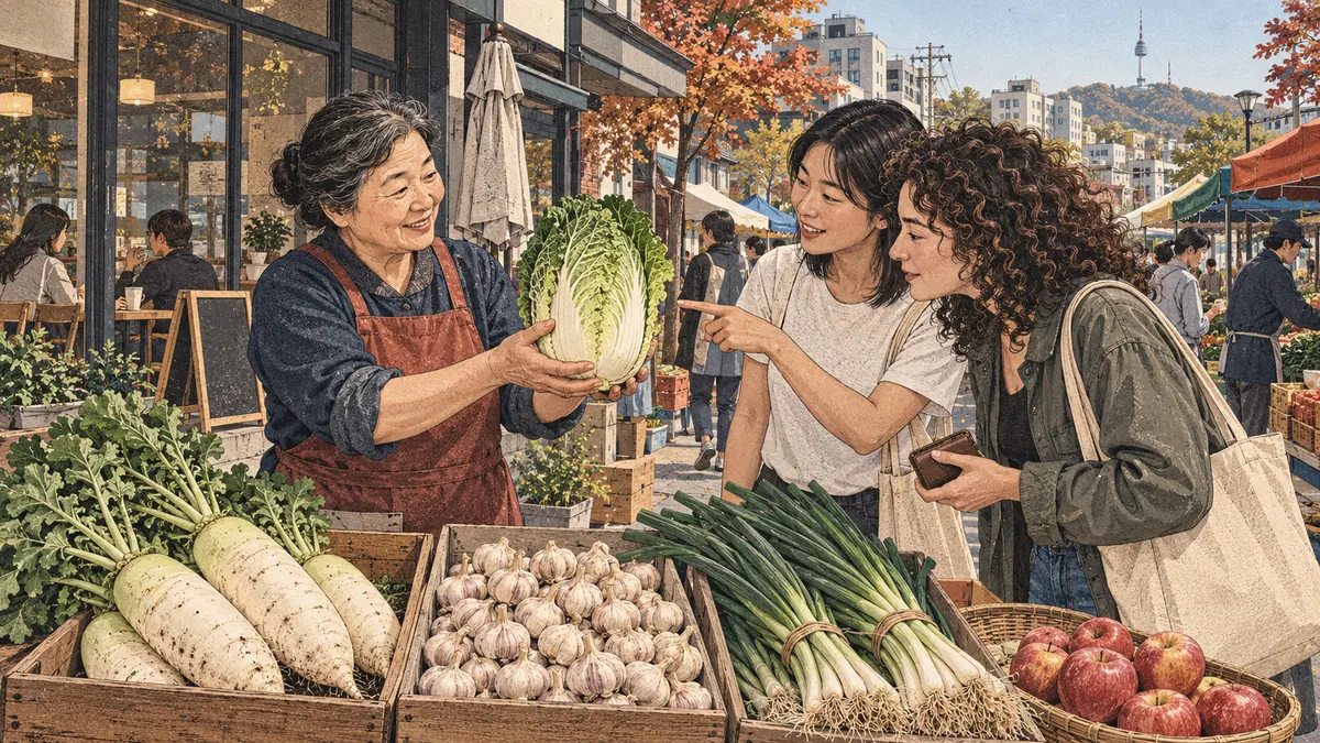 Two friends name everyday objects while browsing vegetables at a Seoul neighbourhood market.