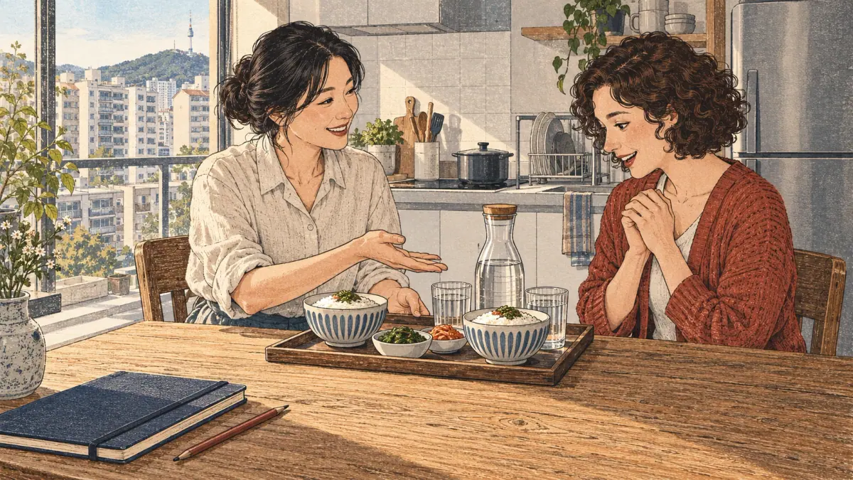 Two adults connect Korean vocabulary with breakfast objects in a Seoul apartment.
