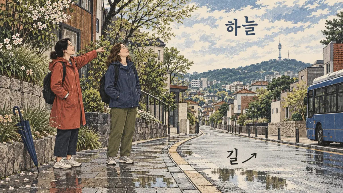 하늘 and 길 connect sky and road vocabulary with a Seoul walking route.