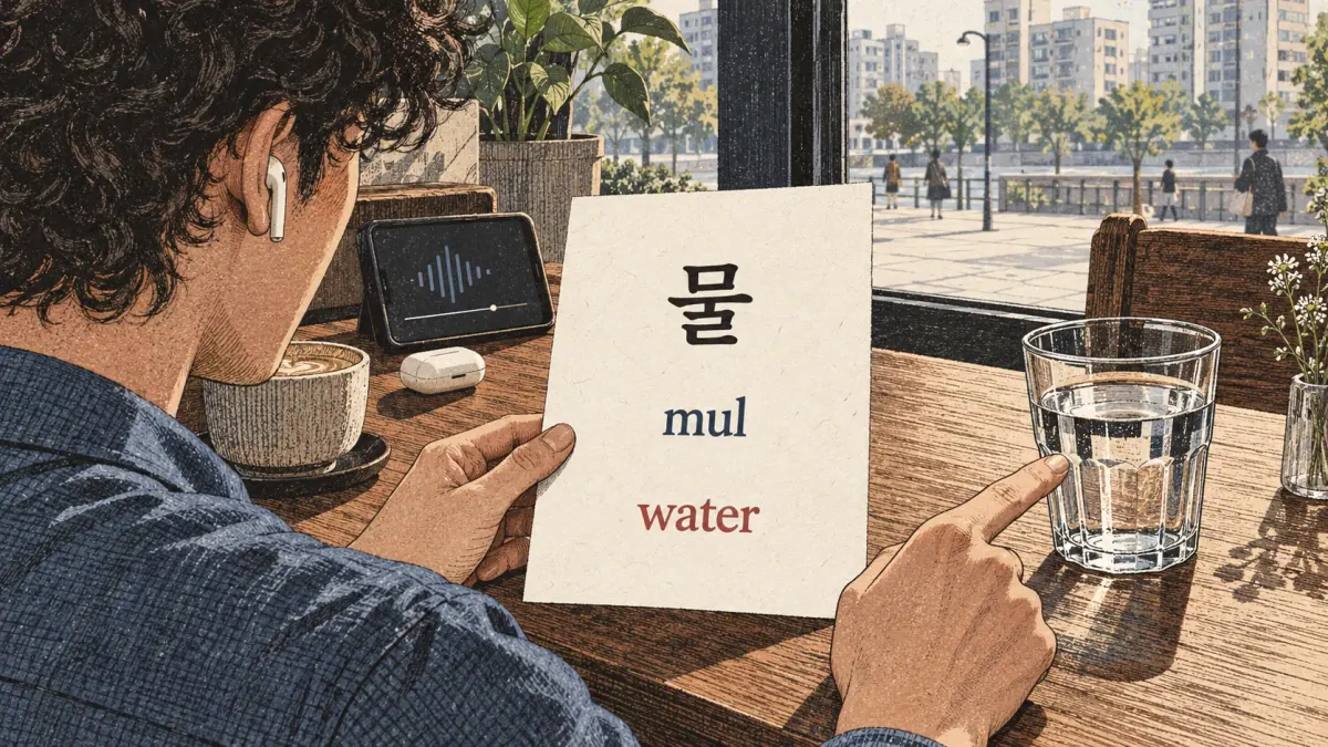 A learner connects 물, mul and water with an object and audio.