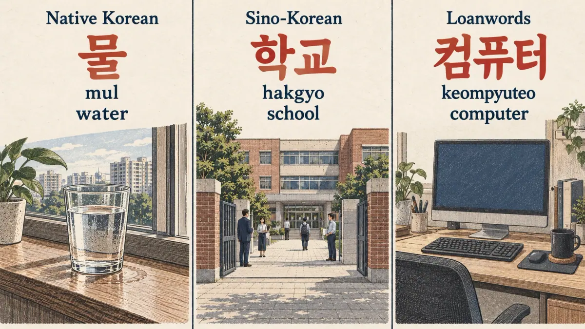 Three word sources illustrated by 물 (mul, water), 학교 (hakgyo, school) and 컴퓨터 (keompyuteo, computer).