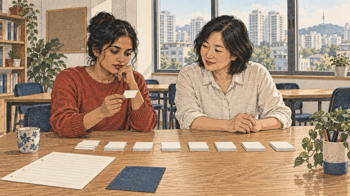 Adult learners practise reading, writing and sorting Korean batchim words.