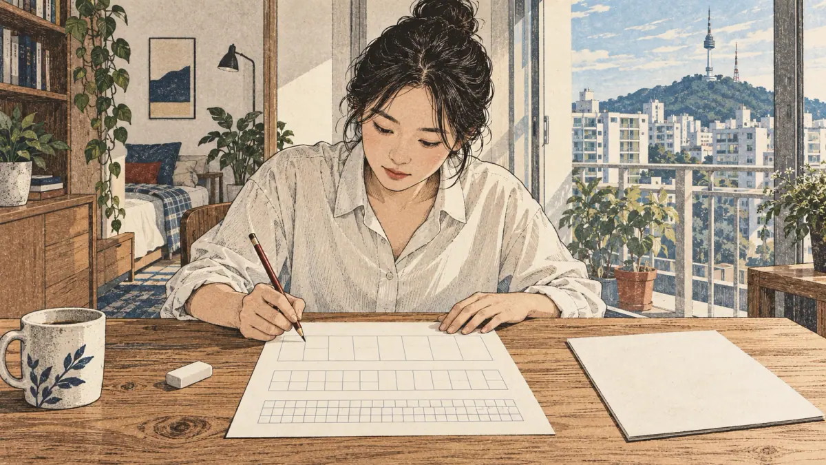 Blank Hangul practice grid: Learners prepare and use square writing guides.