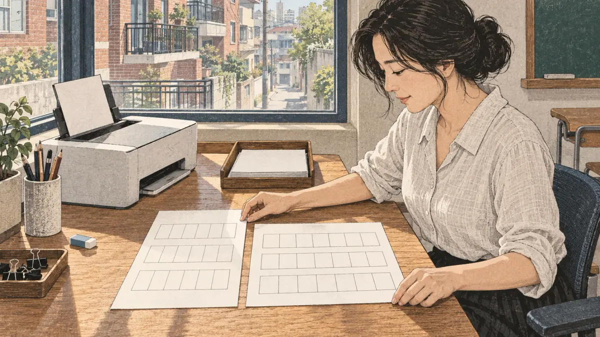 Blank Hangul practice grid: Learners prepare and use square writing guides.
