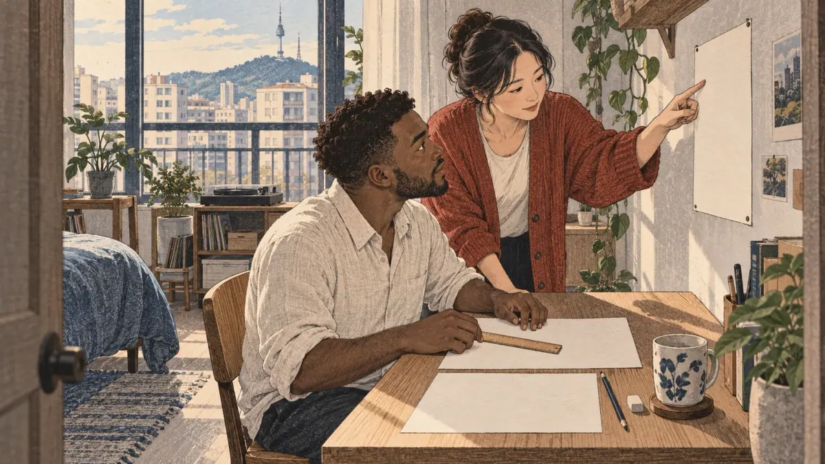 Learner using a printable Hangul reference and recall routine.
