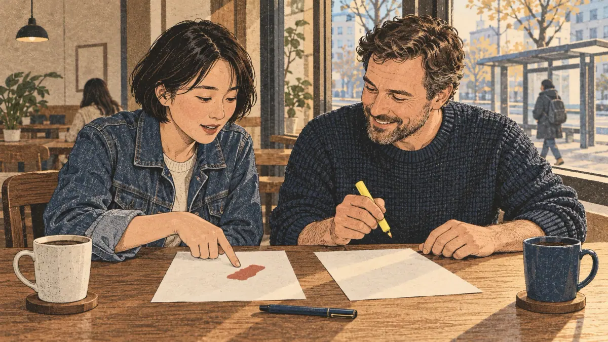 Learner using a printable Hangul reference and recall routine.