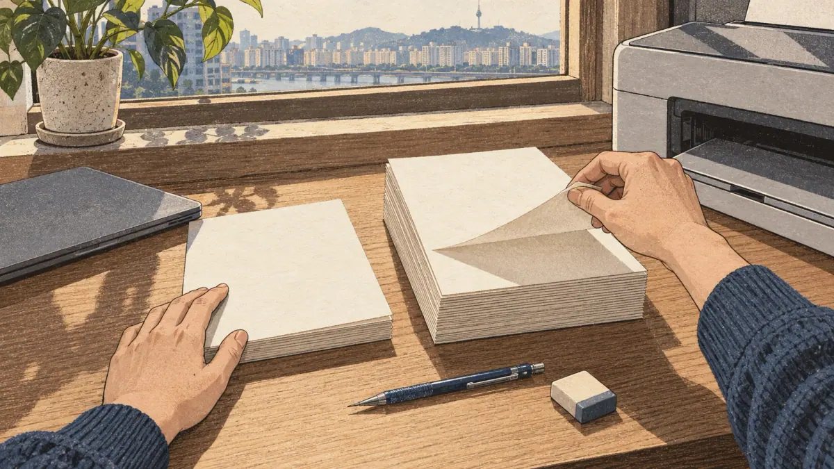 Learner using a printable Hangul reference and recall routine.