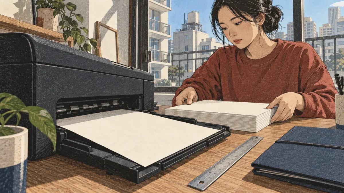 Learner using a printable Hangul reference and recall routine.