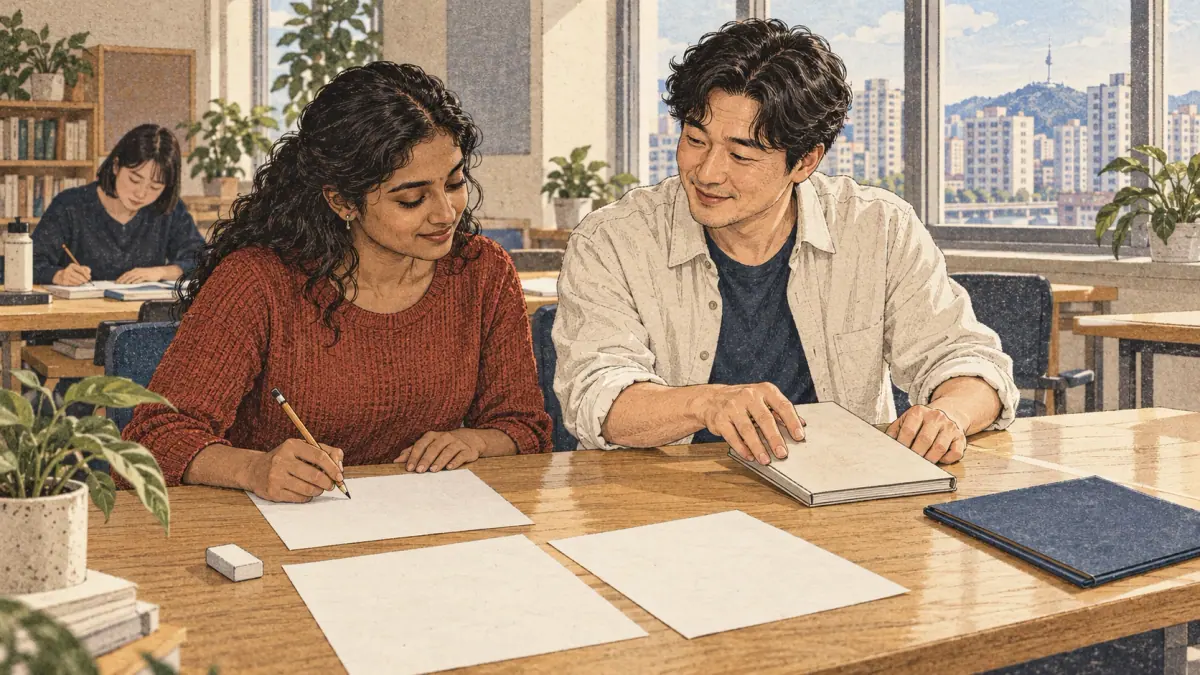 Hangul practice method: write from memory and check afterwards.