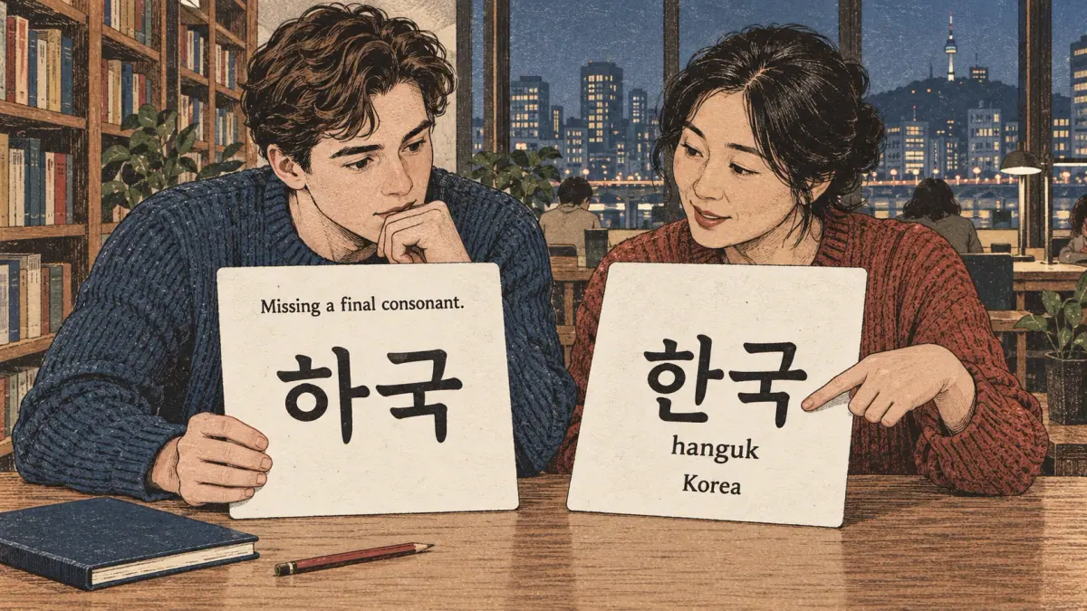 The page’s wrong example 하국 compared with 한국 (hanguk), Korea.