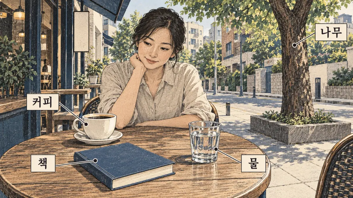 커피, 책, 물 and 나무 identify coffee, book, water and tree in a Seoul café scene.
