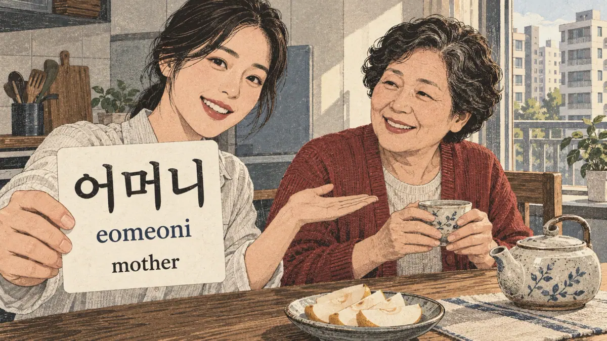 어머니 (eomeoni), mother: an adult daughter shows a vocabulary card beside her mother.
