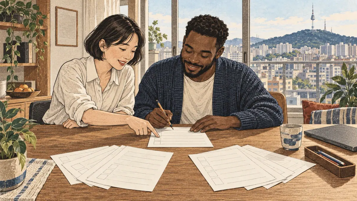 Adult learners choosing a Hangul worksheet at a Seoul apartment table.
