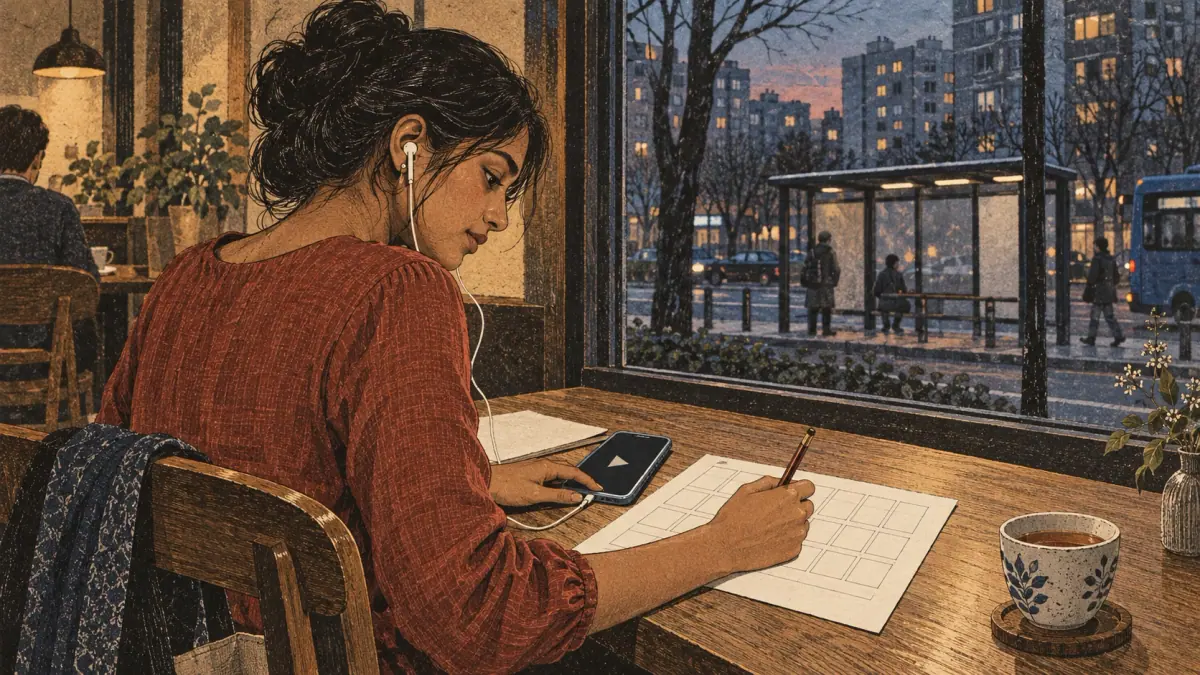 A learner combines worksheet writing with audio practice.