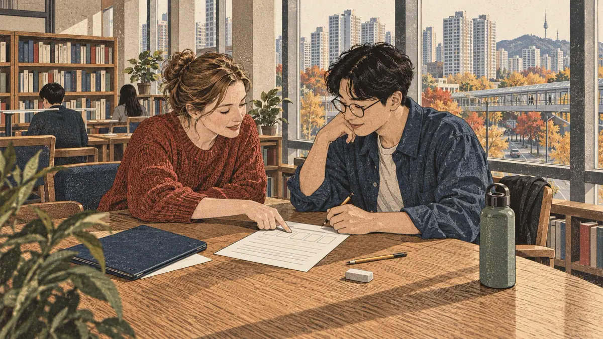 Two adult learners review a single alphabet practice sheet in a Seoul library.
