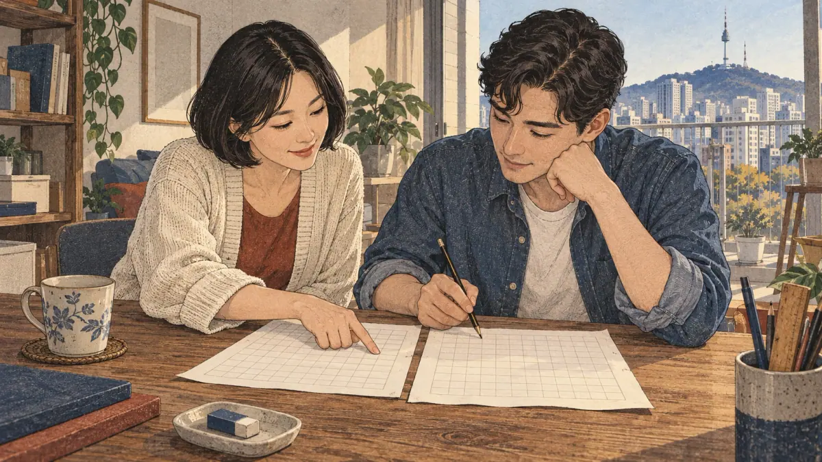 An adult learner practising Korean manuscript-paper layout: scene