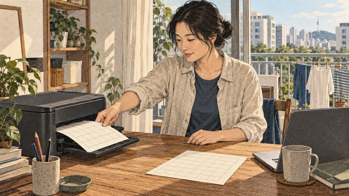 An adult learner practising Korean manuscript-paper layout: scene