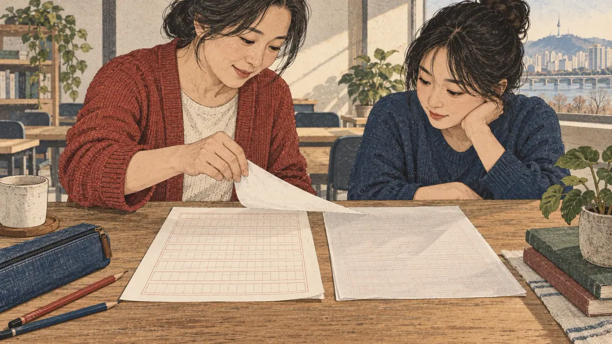 An adult learner practising Korean manuscript-paper layout: scene