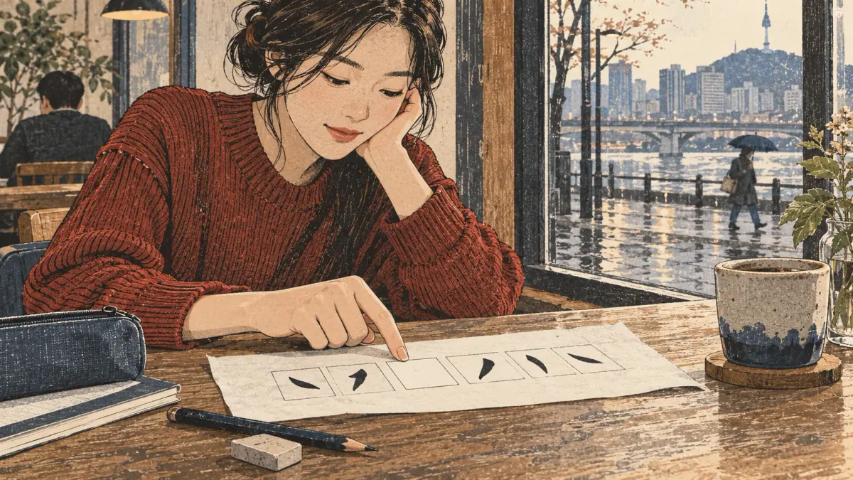 An adult learner practising Korean manuscript-paper layout: scene