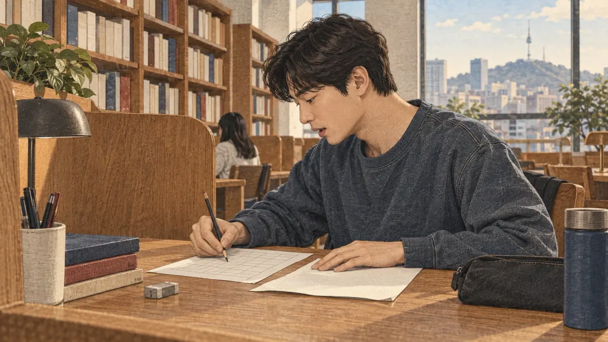 An adult learner practising Korean manuscript-paper layout: scene