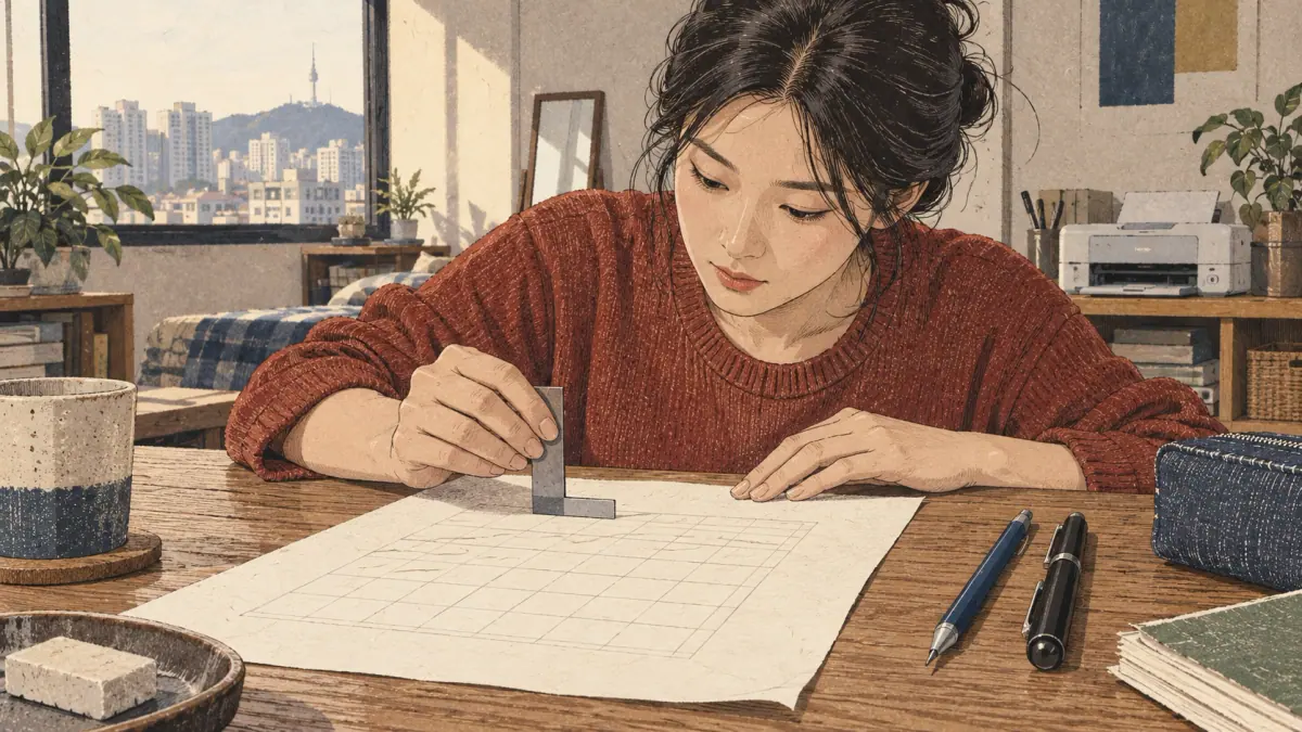 An adult learner practising Korean manuscript-paper layout: scene