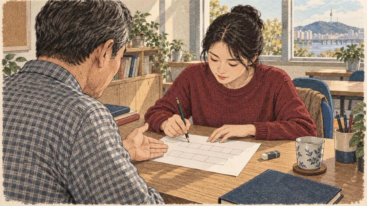 An adult learner practising Korean manuscript-paper layout: scene