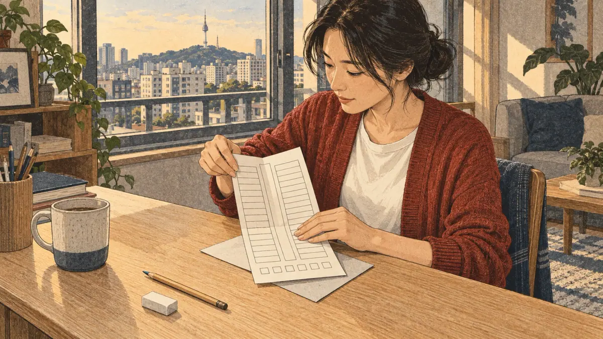 Adult learner folding a printable number chart at a Seoul apartment study desk.