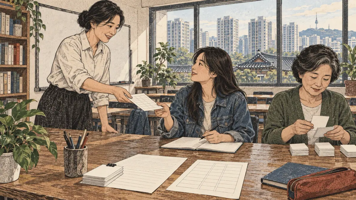 Selecting and using Korean printable study sheets: scene